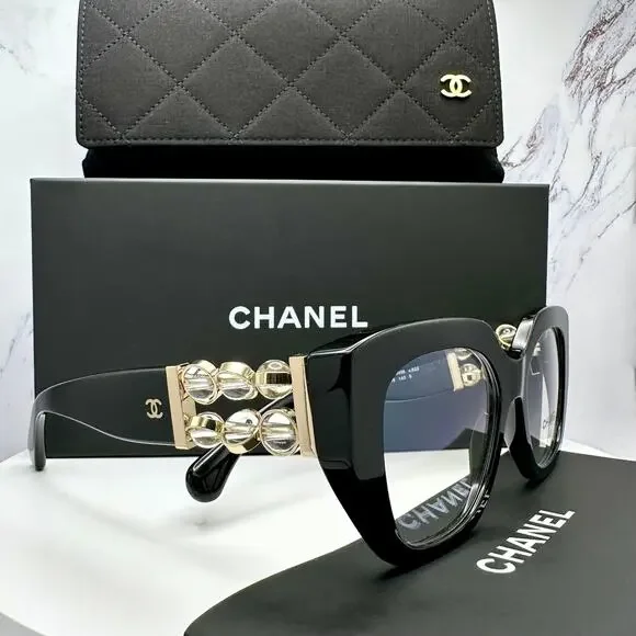 New CHANEL Eyeglasses Black Gold Cat Eye Clear Rotating Pearls 52mm - Picture 1 of 15